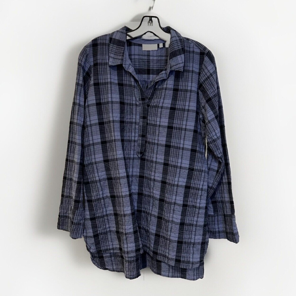 Habitat Womens Tunic Shirt S Blue Black Plaid Seersucker Bohemian Lagenlook